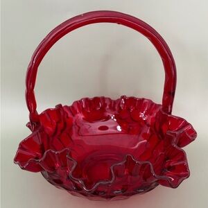 Elegant Fenton Red Glass Ruffled Basket